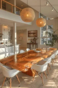 Live edge wood dining table in a sunlit modern interior with rattan lights and minimalist decor.