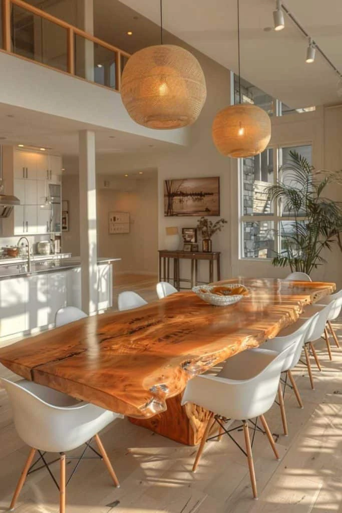 Live edge wood dining table in a sunlit modern interior with rattan lights and minimalist decor.
