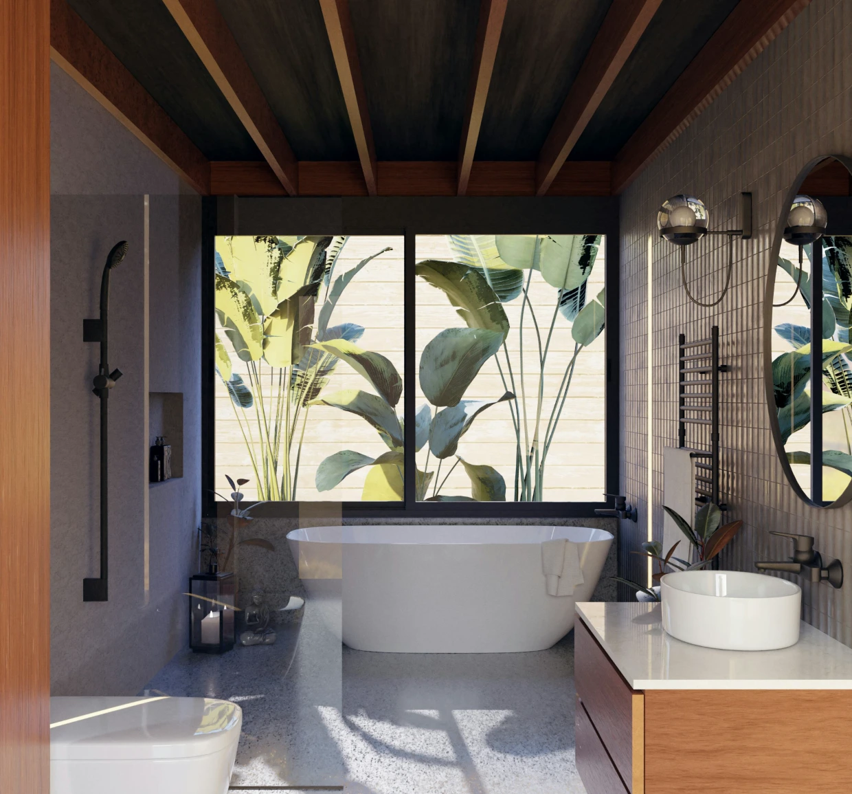 Modern biophilic bathroom design with freestanding tub, large tropical window view, wood accents, and natural lighting for a serene spa-like atmosphere.